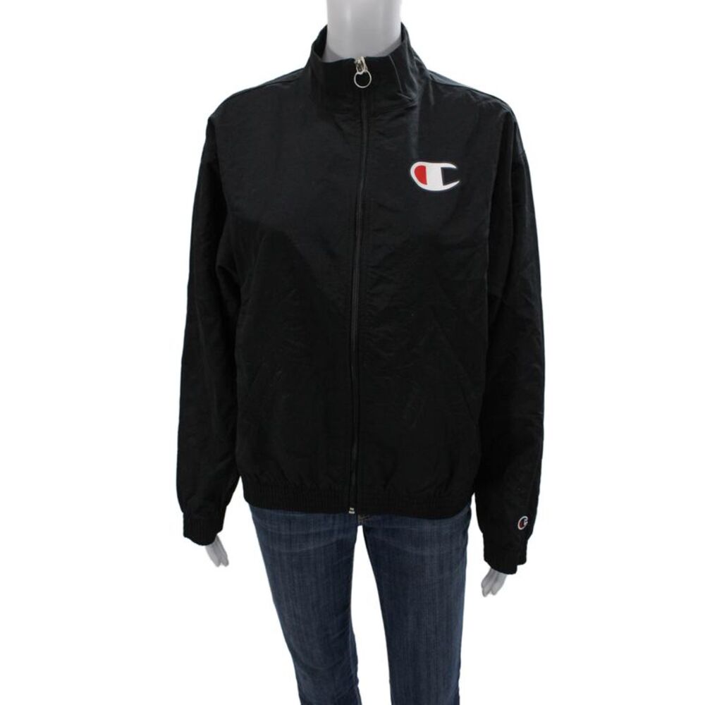 Champion Womens Windbreaker Jacket Black High Neck Zip Long Sleeve Size L